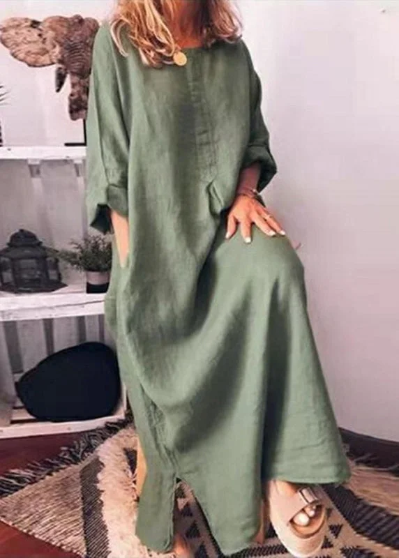 maxi dresses for womenItalian Green O Neck Pockets Cotton Long Dress Fall