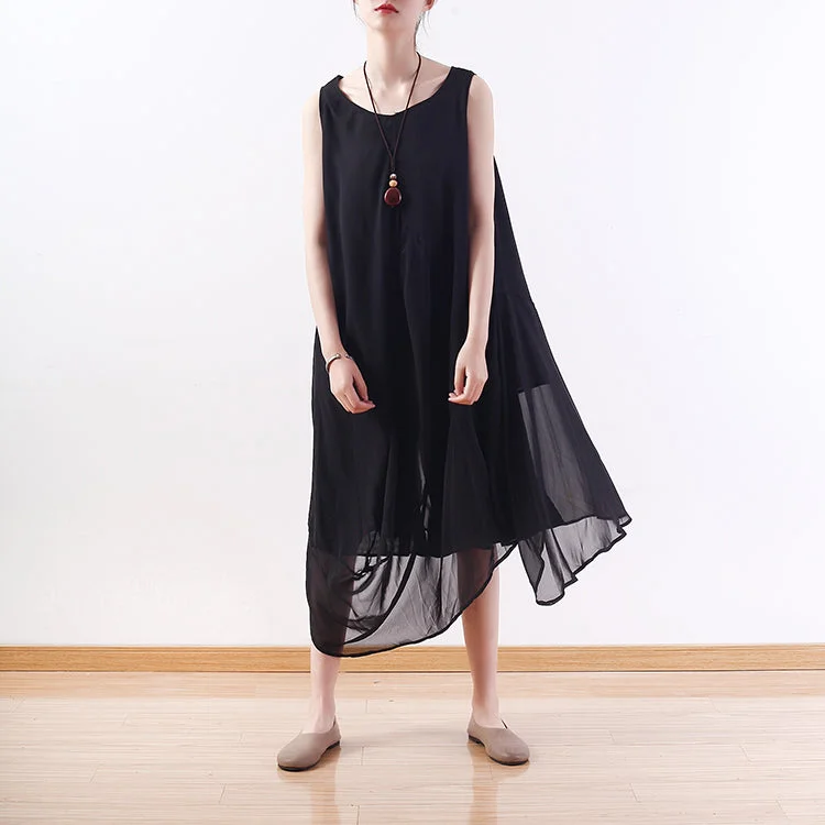 Sleeveless Dress For Womenstylish black natural chiffon dress plus size asymmetric hem chiffon casual sleeveless dresses