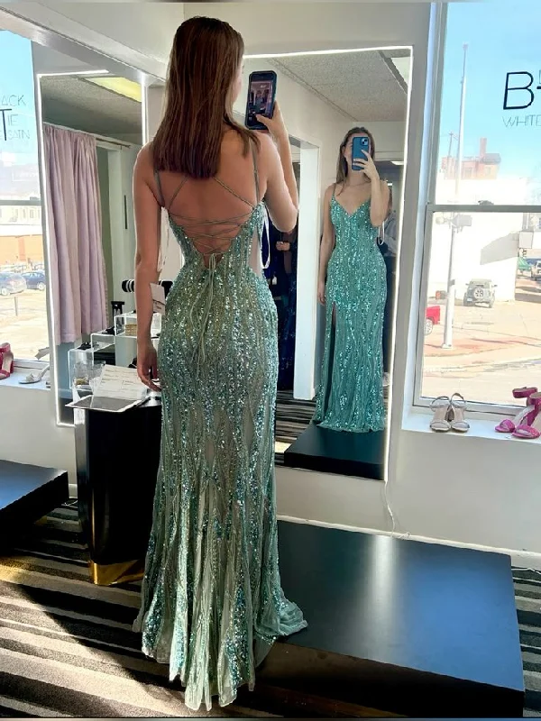 glam party dressesGreen Sequin Mermaid Prom Dresses Long Evening Party Dress