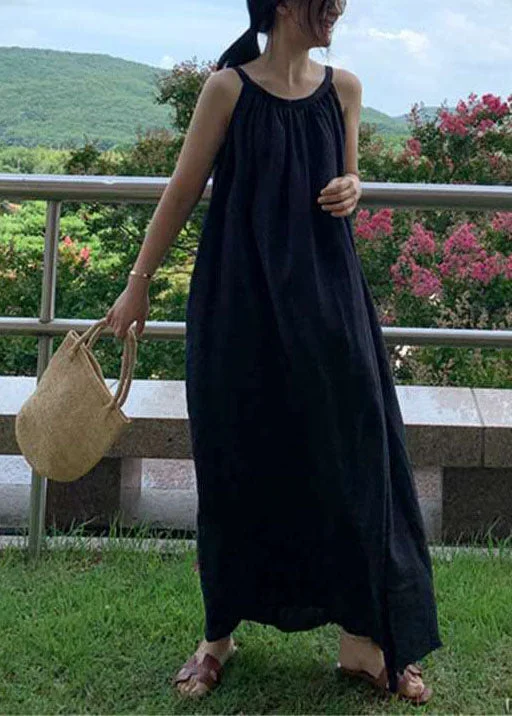 Sleeveless Dress With Keyhole BackStylish Black wrinkled Linen Dress Sleeveless