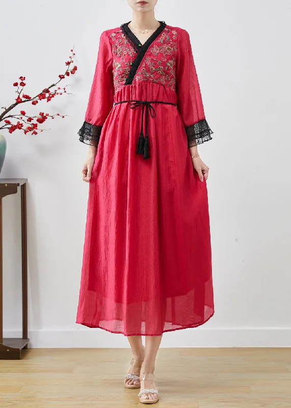 maxi dresses for outdoor weddingsClassy Red Embroidered Patchwork Chiffon Long Dresses Spring