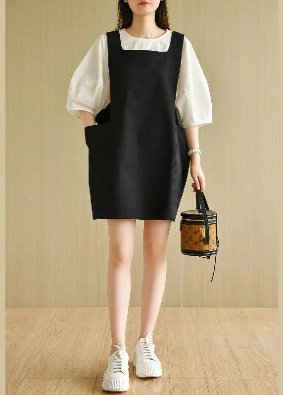 Sleeveless Dress With Lace-Up BackModern Black Square Collar Pockets Summer Cotton Dresses Sleeveless