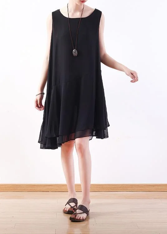 Sleeveless Dress With ButtonsItalian black Chiffon outfit Korea linen sleeveless A Line summer Dresses