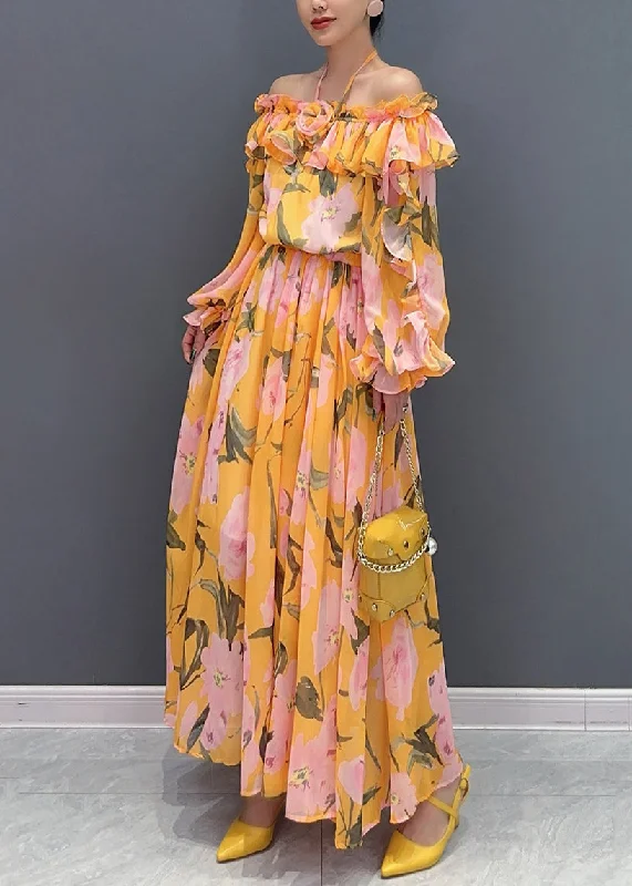 maxi dresses with spaghetti strapsWomen Orange Slash Neck Cold Shoulder Patchwork Long Dress Long Sleeve