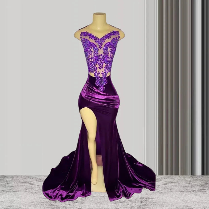 casual party dressesLuxury Sexy Sheer Purple Long Black Girls Prom Dresses Mermaid Style Beaded Crystals Prom Party Gowns