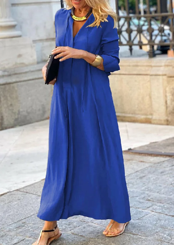 floral maxi dressesSimple Royal Blue V Neck Cotton Long Dress Fall