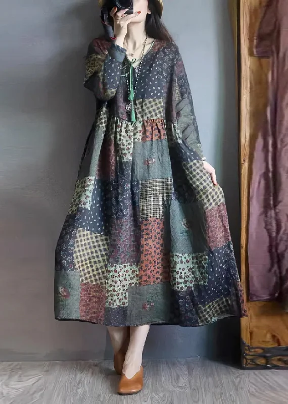 maxi dresses for mother of the brideVintage Colorblock Oversized Print Linen Long Dresses Fall