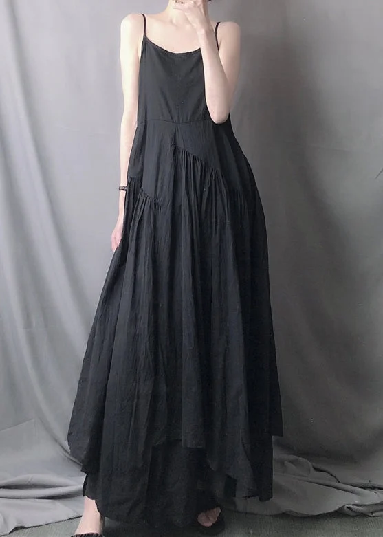 Sleeveless Dress BridalClassy Black Asymmetrical Wrinkled Patchwork Cotton Spaghetti Strap Dress Sleeveless