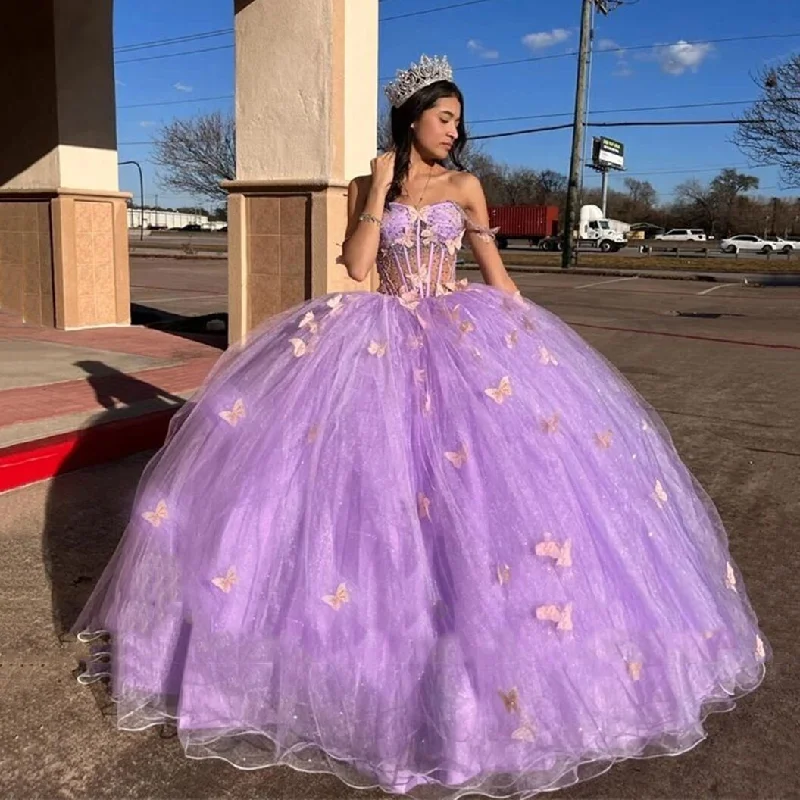 sweetheart-neck party dressesPurple Princess Evening Dress Ball Gown Sweetheart Butterfly Flower Girl Formal Party Gowns Sweet 16 Quinceanera Dress