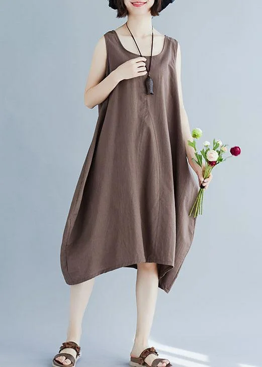 Sleeveless Dress For BeachBohemian o neck linen quilting dresses Fashion Ideas khaki sleeveless Dress summer