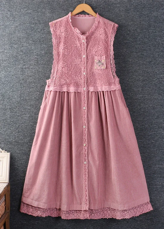 Sleeveless Dress Mother Of The BrideFrench Pink Ruffled Pockets Lace Patchwork Corduroy Dress Sleeveless