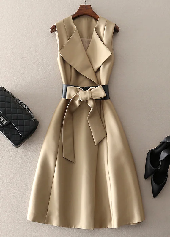 Sleeveless Dress In OrganzaBohemian Khaki Peter Pan Collar Bow Dress Sleeveless