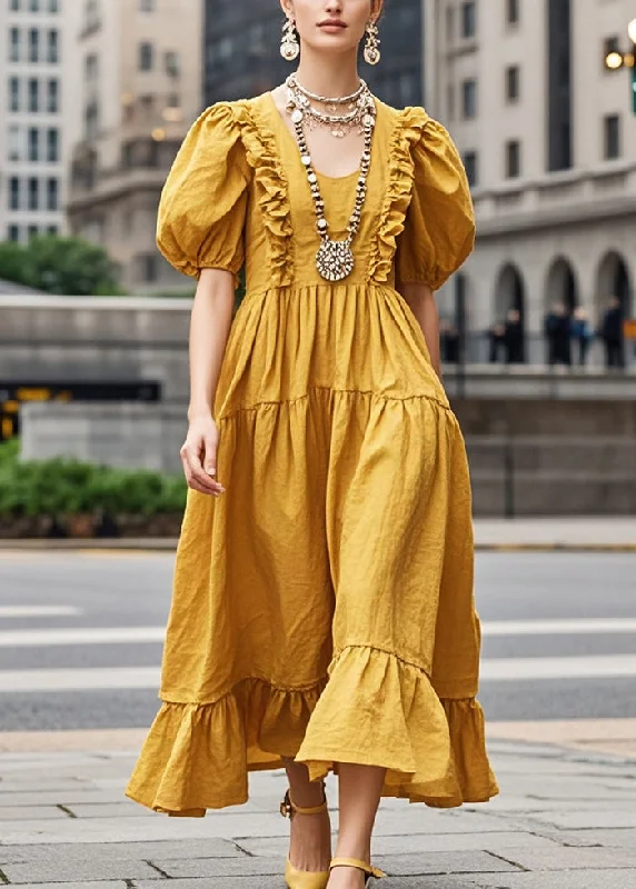 maxi dresses with pocketsDIY Yellow Puff Sleeve Ruffled Cotton Long Dress