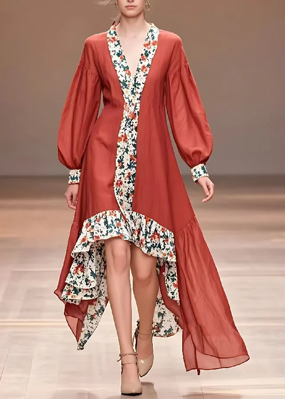 maxi dresses with front pocketsFashion Red Print Asymmetrical Long Dresses Fall