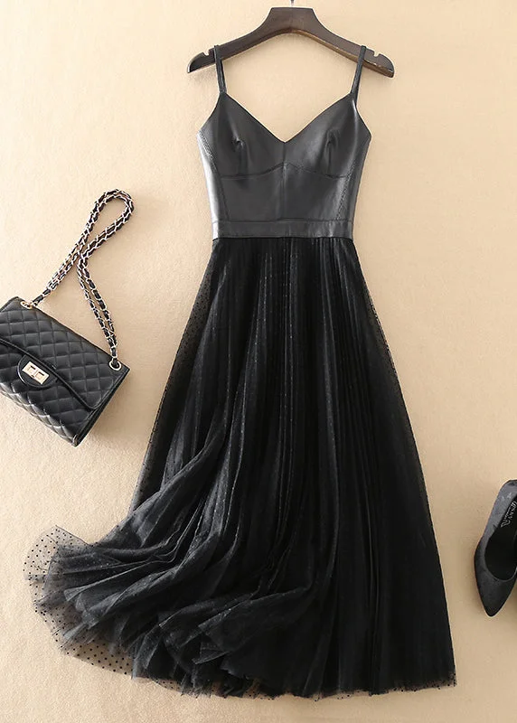 Sleeveless Dress ElegantFashion Black V Neck Sheepskin Patchwork Tulle Dress Sleeveless