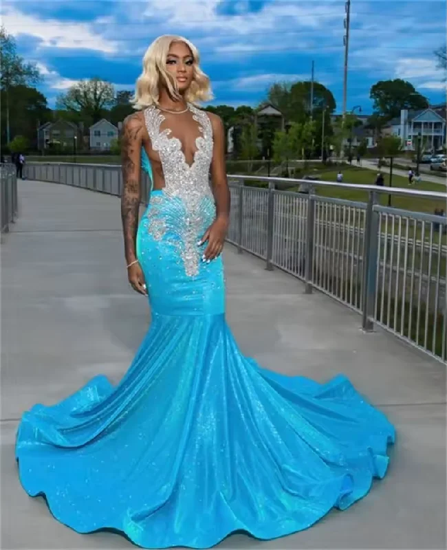 flashy party dressesNew Arrival 2025 Shining Blue Prom Dresses For Black Girls Bead Diamonds Evening Dress Birthday Party Gown Customized