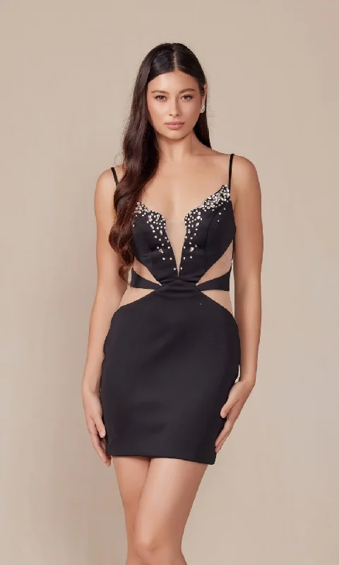 satin party dressesSheer Cut-Out Homecoming Dress: Nox Anabel Q834