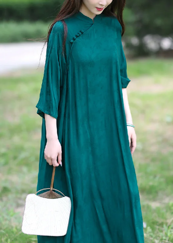 maxi dresses for beachOriginal Design Green Stand Collar Cotton Long Dresses Summer