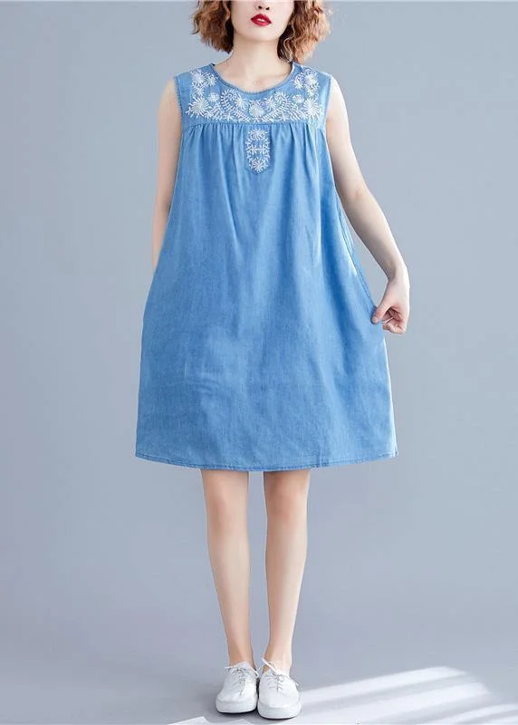 Sleeveless Dress GlamourDIY sleeveless embroidery Cotton clothes Women Work denim blue Dresses summer