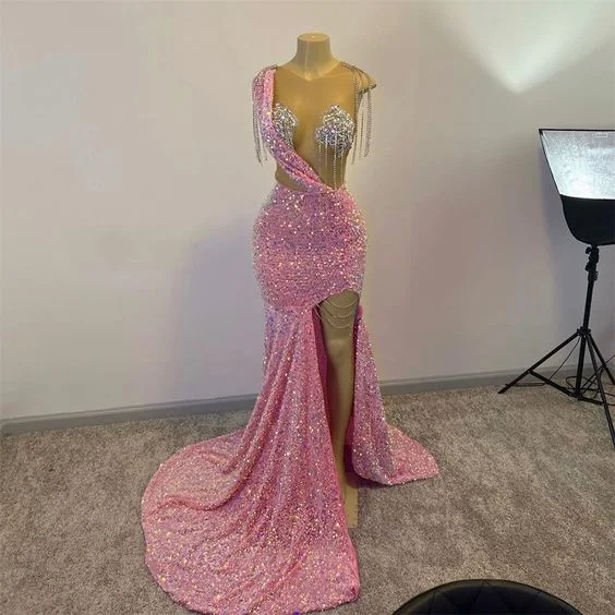 chic party dressesGlitter Pink Sequins Prom Dresses For Black Girls Tassels Luxury Dress For Gala Party 2023 Split Slit Long Mermaid Evening Gowns Y1871