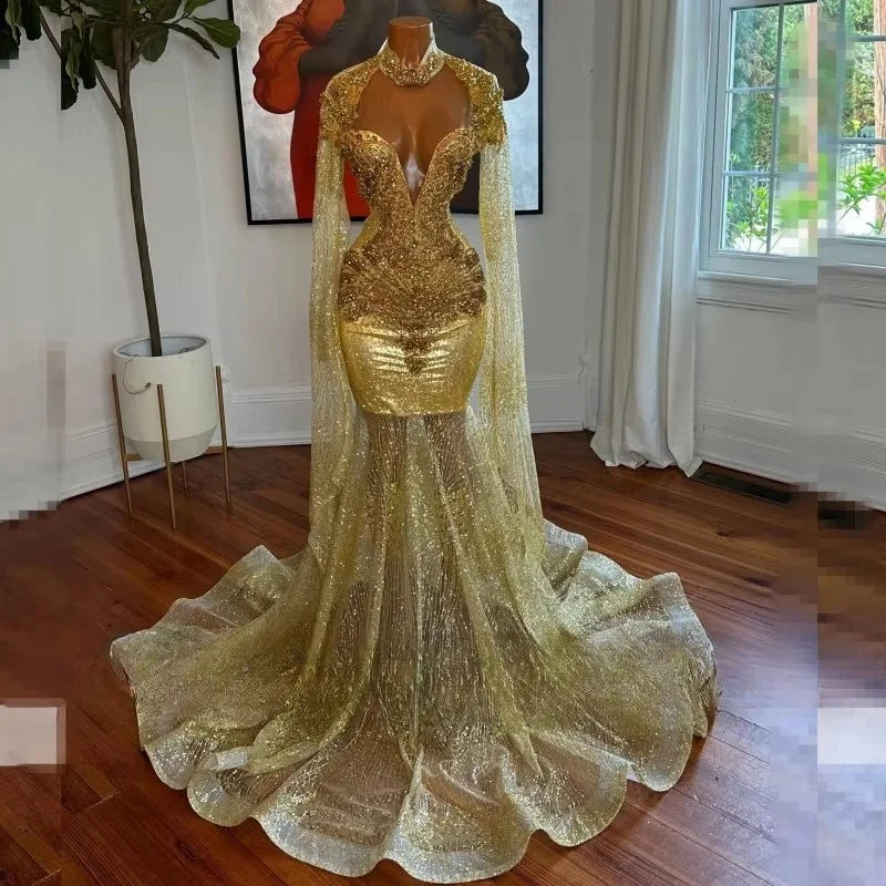 maxi party dressesCustomized Gold Prom Dresses For Black Girl 2025 Women Luxury Rhinestone Party Gown Sequin Evening Dress vestidos de graduación