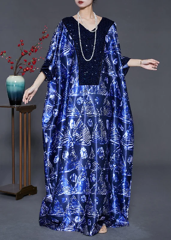 chiffon maxi dressesFashion Navy Sequins Print Silk Long Dress Batwing Sleeve