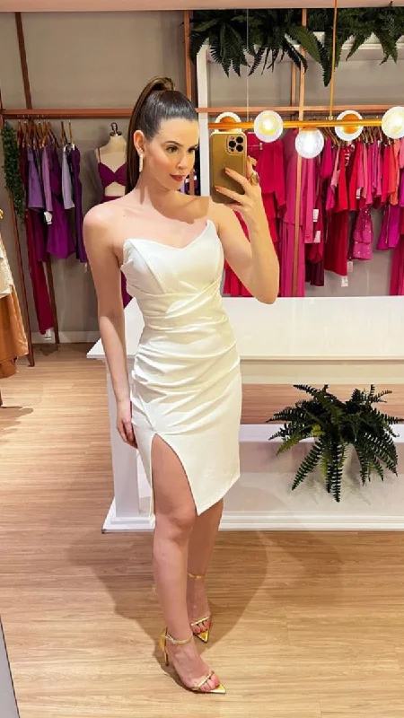 ball gown party dressesWhite Strapless Party Dress With Leg Slit,White Homecoming Dress Y4843