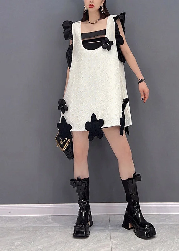 Sleeveless Dress With Cold ShoulderFashion White Slash Neck Ruffles Patchwork Floral Dresses Sleeveless