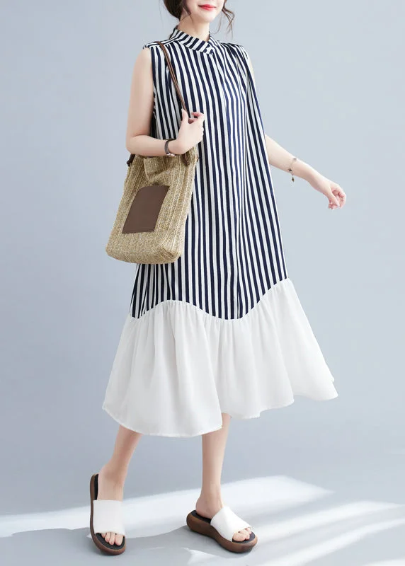 Sleeveless Dress MiniDIY Navy Stand Collar Patchwork Striped Dresses Sleeveless