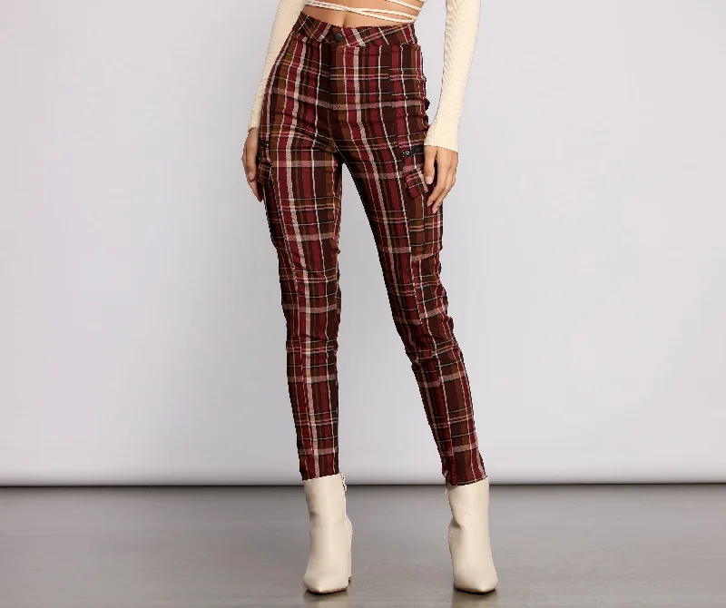 women's mid-rise pantsHigh Waist Plaid Cargo Skinny Pants