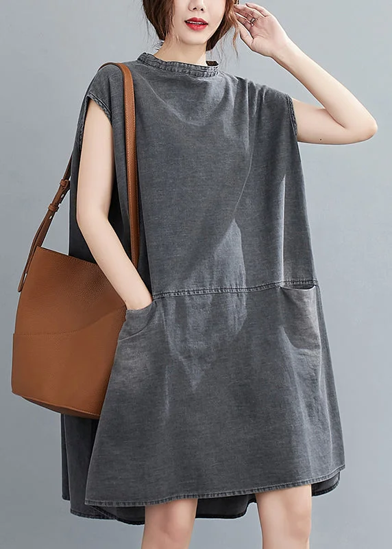 Sleeveless Dress High-LowFrench Grey Stand Collar pockets Cotton Denim Dress Sleeveless