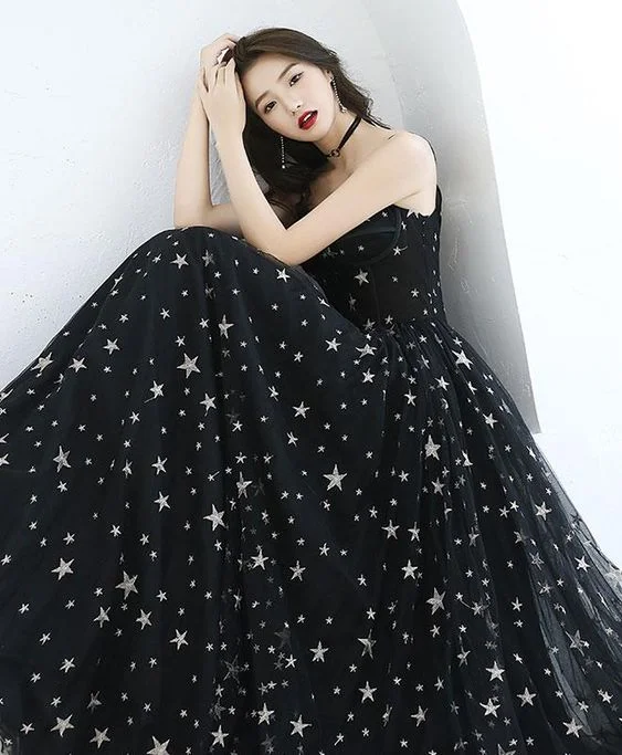 beach party dressesSexy Black Sweetheart Tulle Long Party Dress, Chic Black Evening Dress Prom Dress Y1159