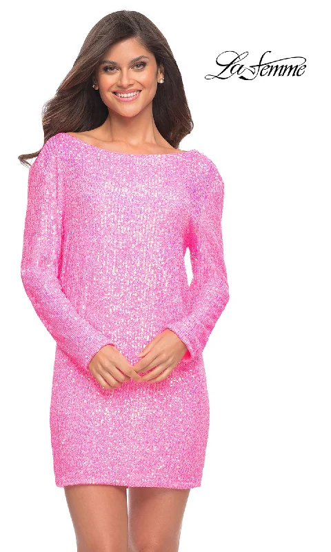 mini party dressesLong-Sleeve Neon Pink Sequin Homecoming Dress 30213