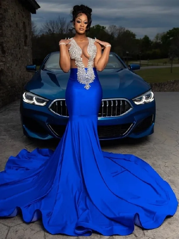 striped party dressesRoyal Blue Sheer Women Long Black Girls Prom Dresses Sexy Luxury Diamond Mermaid Prom Gowns Evening Gala Party Customized