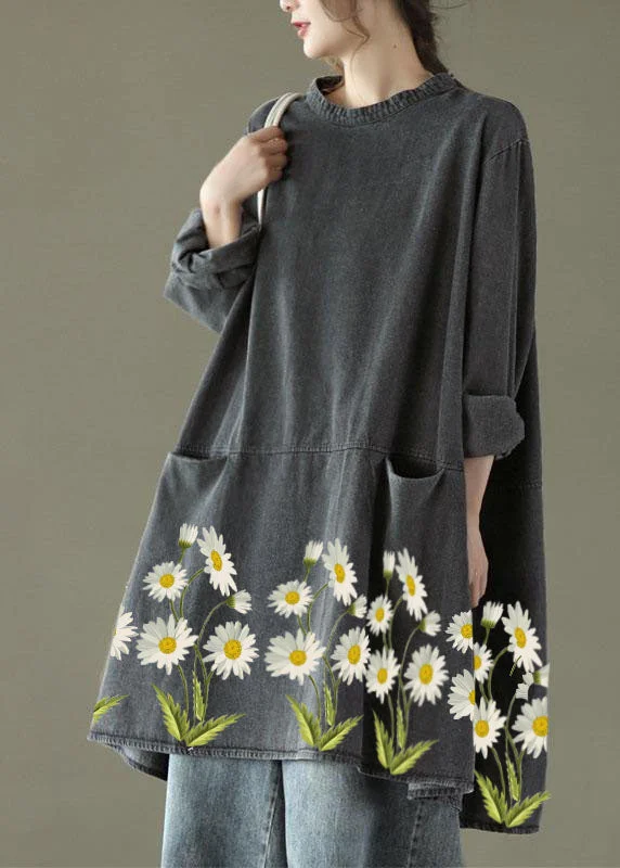 maxi dresses for pool partiesBoho Black Grey-yellow flower O-Neck Pockets Denim Long Dresses Long Sleeve