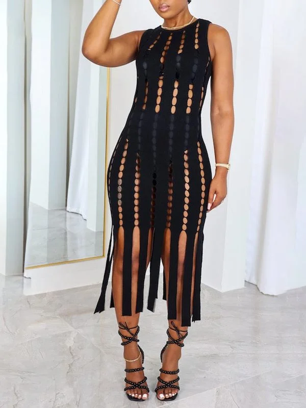 Sleeveless Dress FlaredCutout Fringe Sleeveless Dress