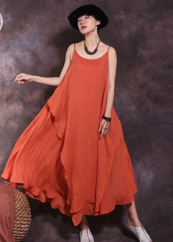 Sleeveless Dress For CocktailChic orange sleeveless linen outfit big hem Dresses summer Dresses