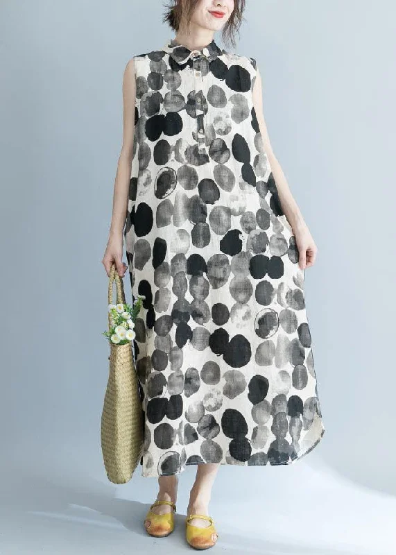 Sleeveless Dress With Zip-Up BackNatural dotted prints chiffon clothes lapel collar sleeveless loose summer Dresses