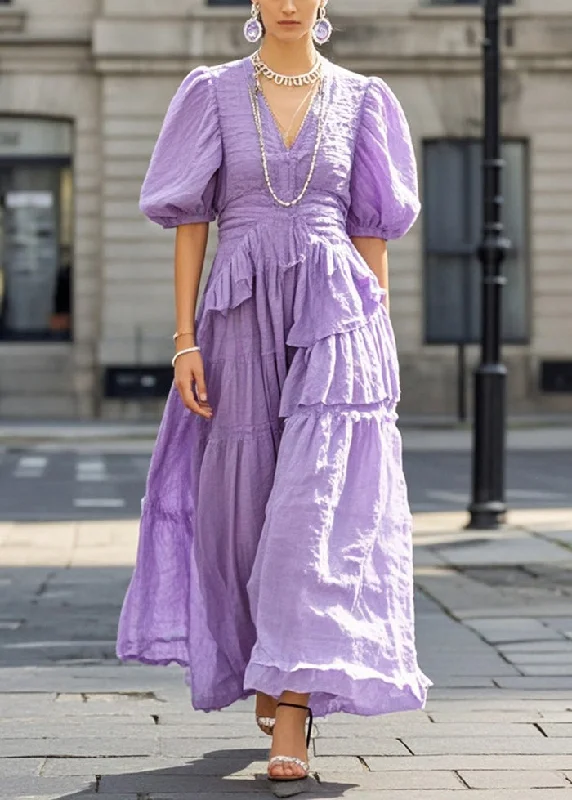 lace maxi dressesBeautiful Purple Puff Sleeve Exra Large Hem Cotton Long Dresses