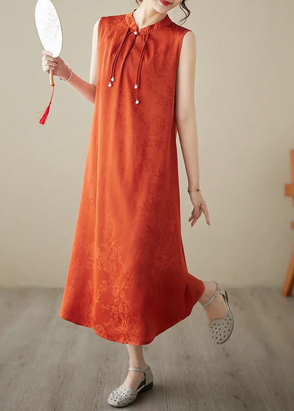 Sleeveless Dress BohemianArt Orange Tasseled Jacquard Silk Dress Sleeveless