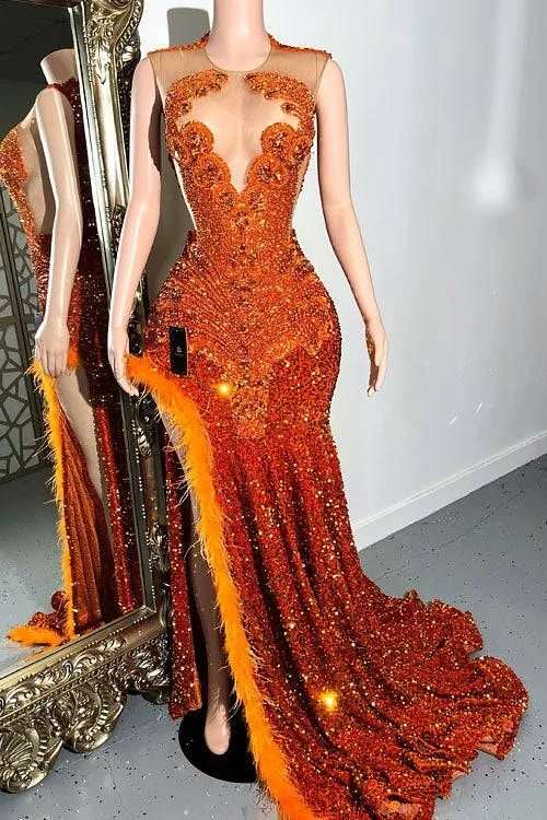 figure-flattering party dressesSparkly Crystals Mermaid Long Prom Bead Diamonds Feathers Orange Birthday PartyGown For Black Girls Customized