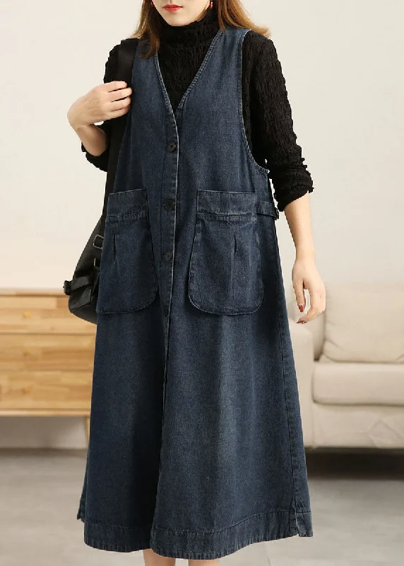 Sleeveless Dress With Cold ShoulderBeautiful Denim Blue V Neck Patchwork Pockets Cotton A Line Dress Sleeveless