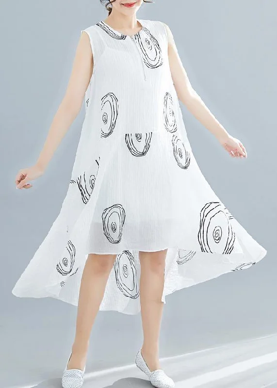 Sleeveless Dress In LinenWomen white print linen cotton clothes For Women sleeveless low high design shift summer Dress