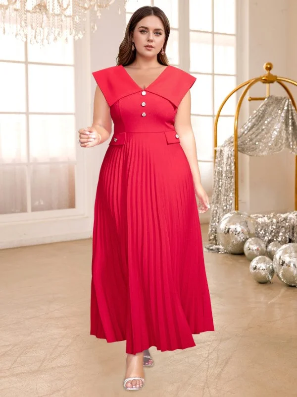 Sleeveless Dress In RayonAOMEIDRESS Red V Neck Dress Sleeveless Empire Button A Line Pleated