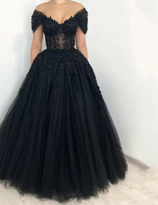 budget-friendly party dressesBlack Prom Dresses Embroidery A-shaped Prom Dresses Off-the-shoulder Tulle Princess Graduation Party Dresses Customized