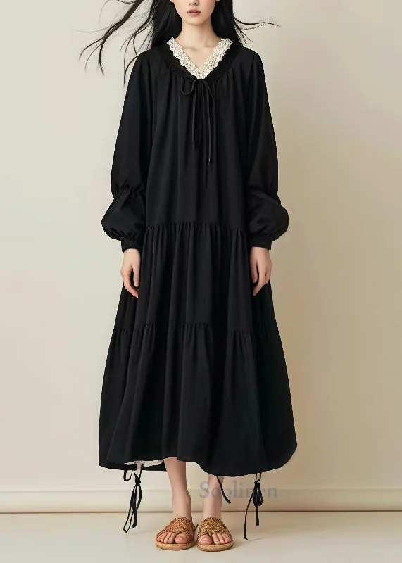 maxi dresses for garden partiesWomen Black Oversized Drawstring Cotton Long Dress Spring