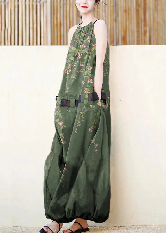 Sleeveless Dress With FlowersFrench Green Flowers Pockets Patchwork Cotton Dress Sleeveless