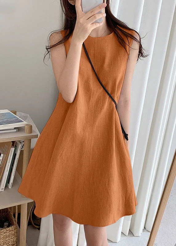 Sleeveless Dress With StripesBoho Orange O-Neck Slim Fit Exra Large Hem Cotton Dresses Sleeveless