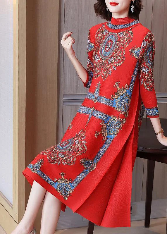 maxi dresses with empire waistsWomen Red Stand Collar Wrinkled Print Silk Long Dresses Vestidos Bracelet Sleeve