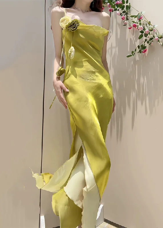 Sleeveless Dress BohemianNew Yellow Side Open Solid Silk Spaghetti Strap Dress Sleeveless